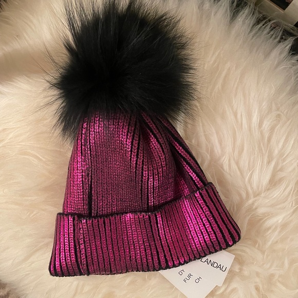 Fox Fur Pom-Pom Metallic Beanie - Picture 2 of 2